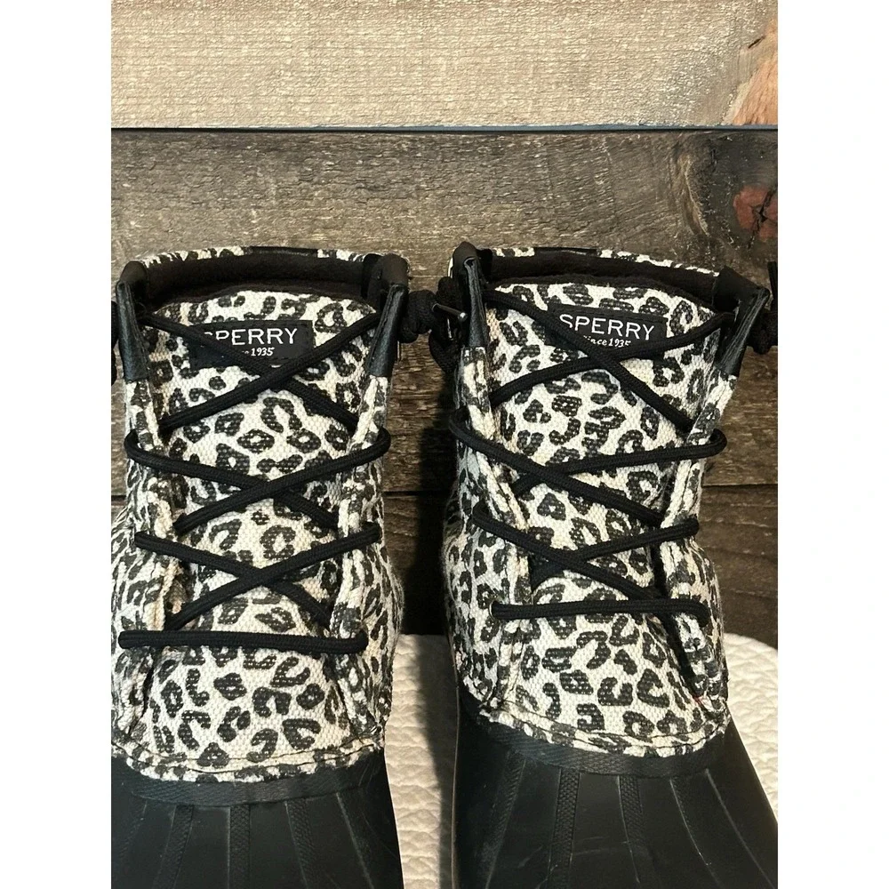 Sperry Saltwater Leopard Print Duck Rain Boots Women's 9.5 Black‎ STS86438